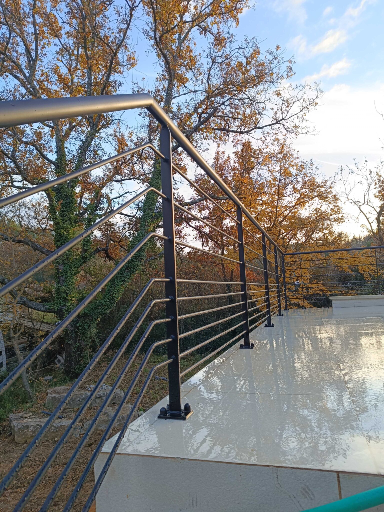Garde-corps contemporain en fer avec lisses inclinées – terrasse extérieure
